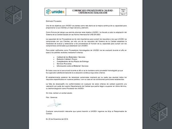 Comunicado a proveedores